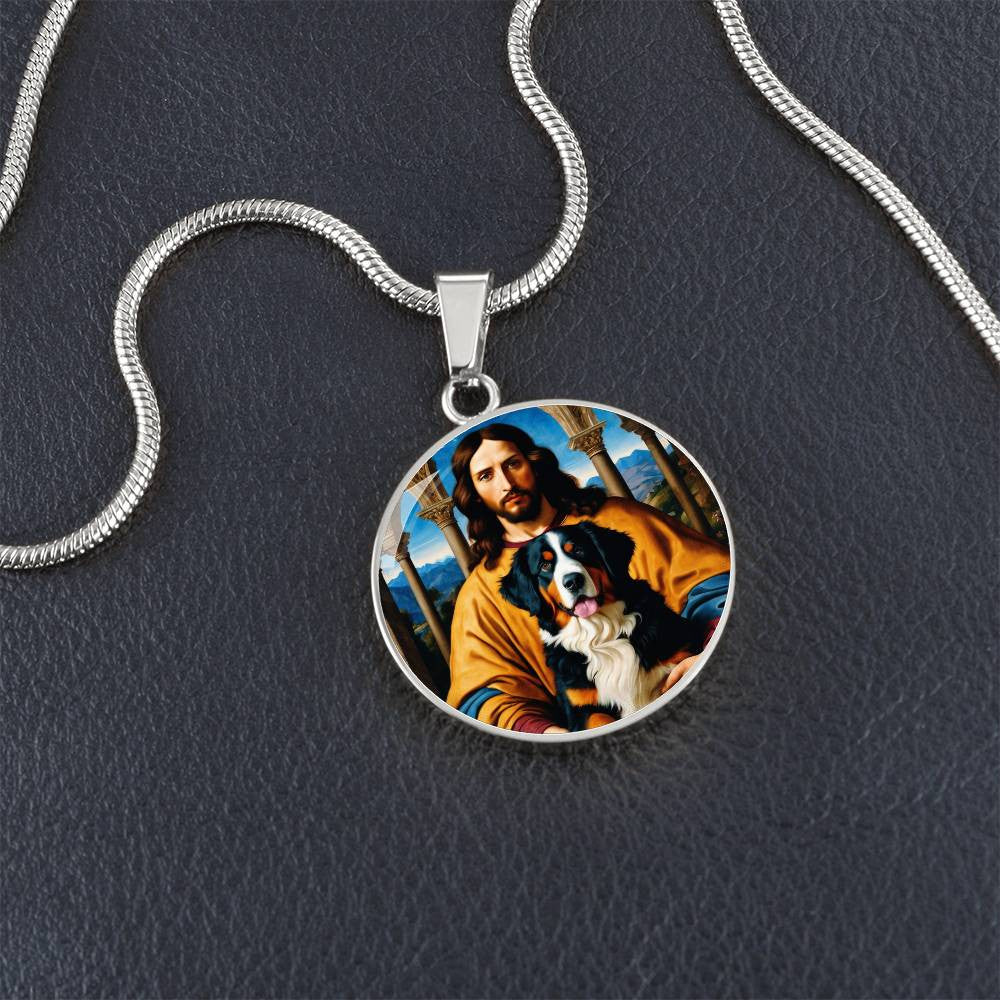 Bernese Mountain Dog Gifts, Berner Dog and Jesus Christ Necklace, Engrave Option, Renaissance Memorial Dog Pendant