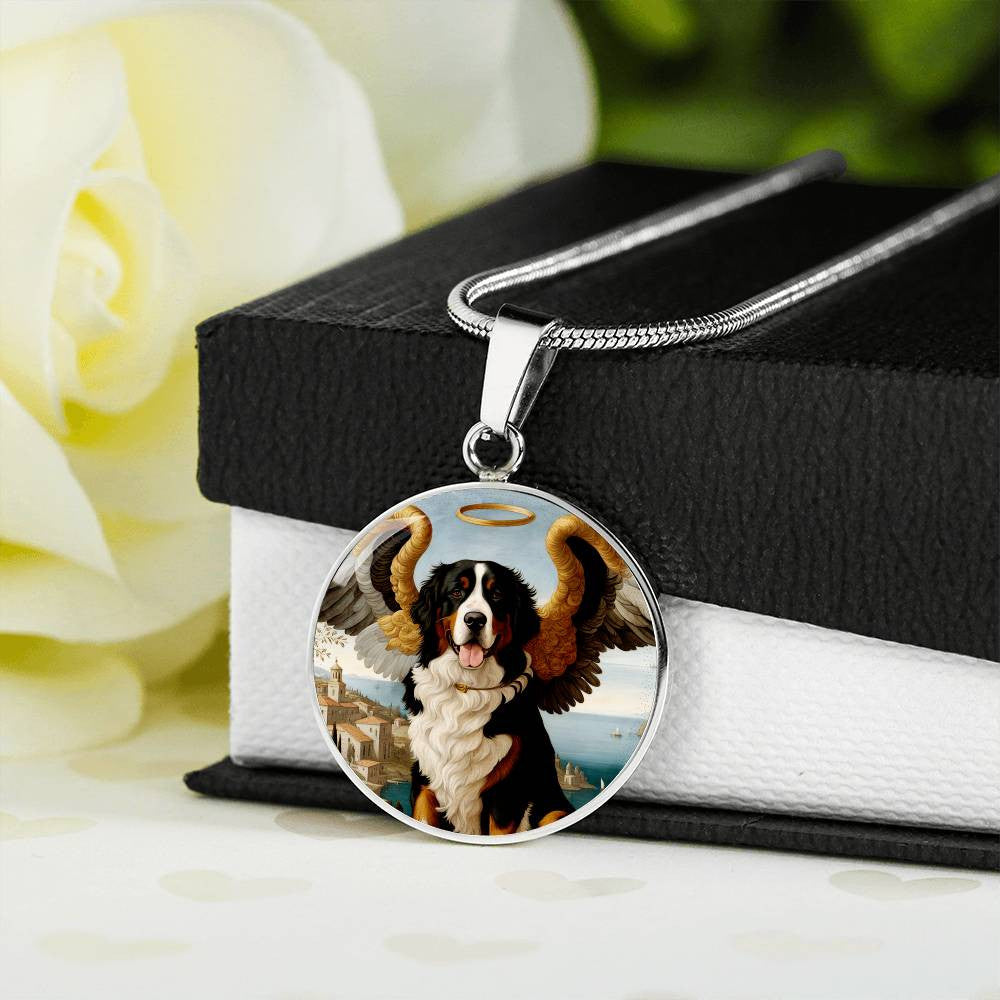 Berner Dog Gifts, Bernese Mountain Dog Angel Necklace, Personalized with Your Dog, Engrave Option, Renaissance Memorial Pendant