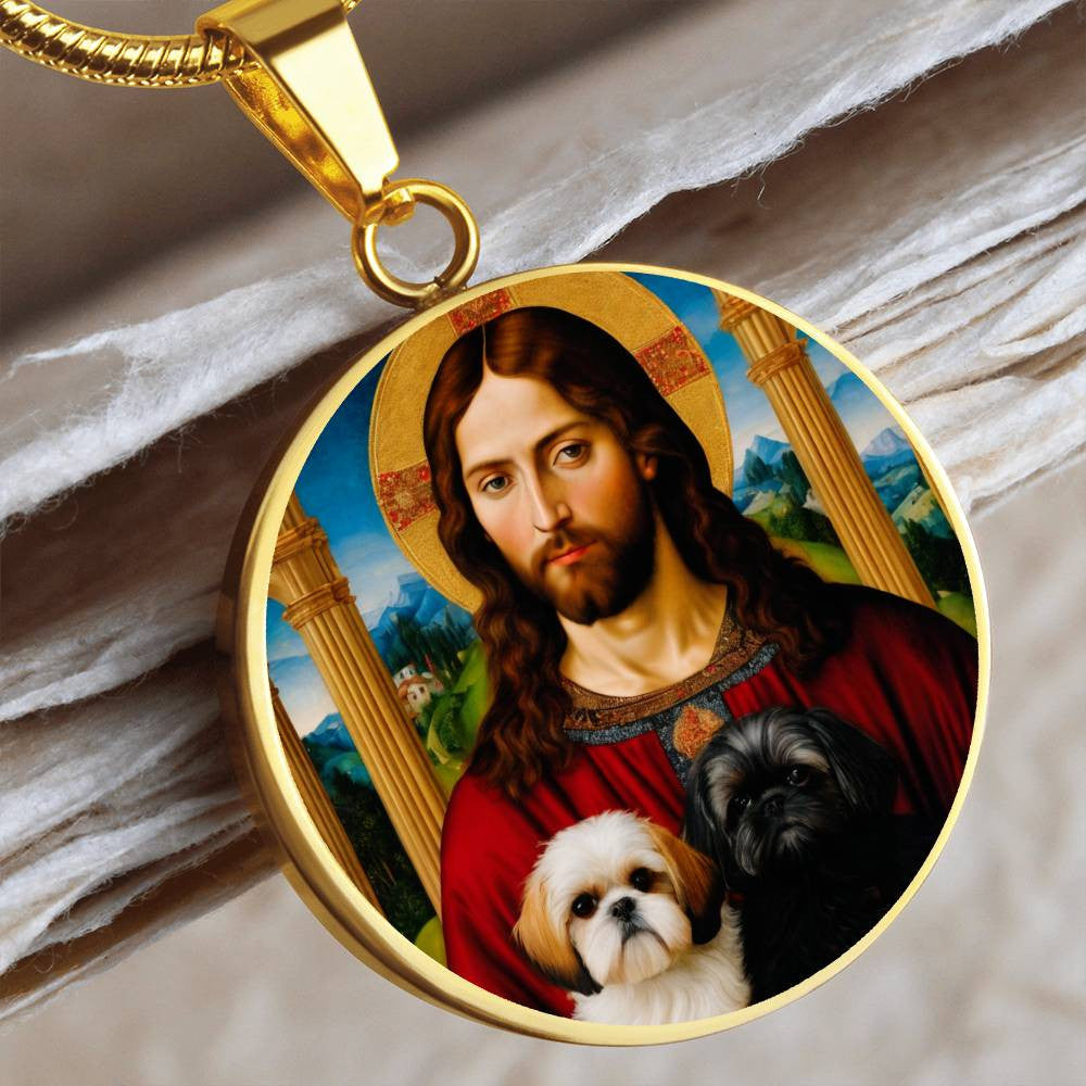 Shih Tzu And Jesus Christ Pendant, Shih Tzu Dog Necklace, Personalized with Engrave Option, Custom Renaissance Dog, Personalized Memorial Jewelry