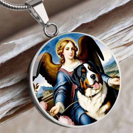 Bernese Mountain Dog Gifts, Berner Dog and Angel Necklace, Engrave Option, Renaissance Memorial Dog Pendant