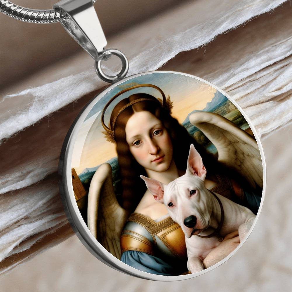 Bull Terrier and Angel Necklace, Renaissance Dog Pendant with Engraving Option, Custom Dog Memorial Jewelry