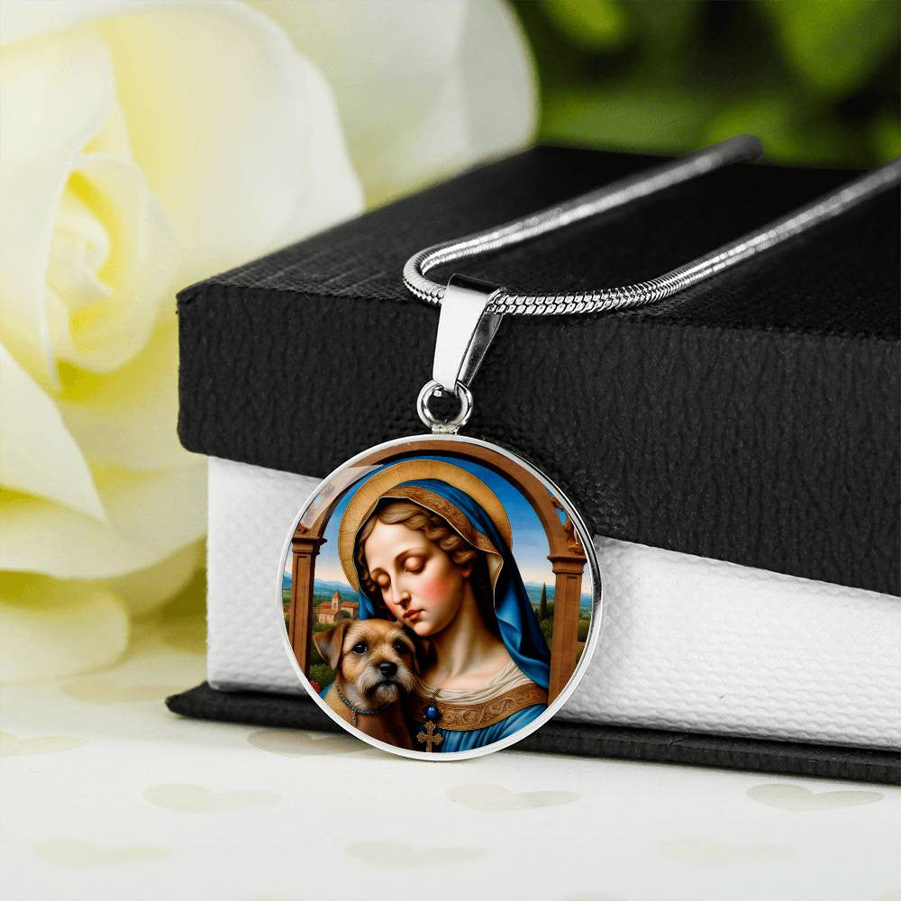 Border Terrier and Virgin Mary Necklace, Renaissance Dog Pendant with Engraving Option, Custom Dog Memorial Jewelry