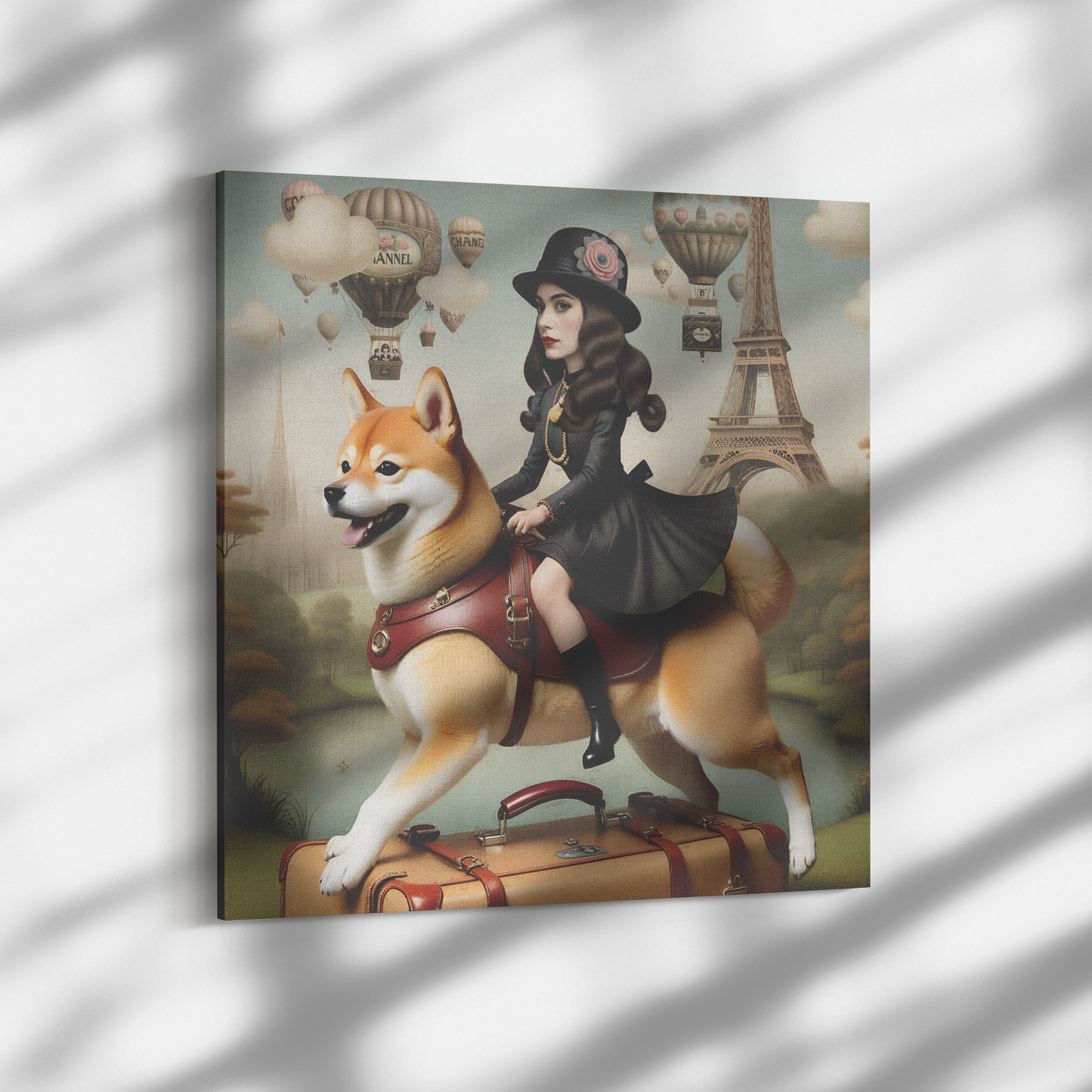 Red Shiba Inu Art, Coco Chanel's girl rides a Shiba Inu, Mark Ryden Style Print, Pop Surrealist Art, Lowbrow Dog Mom & Dad gifts