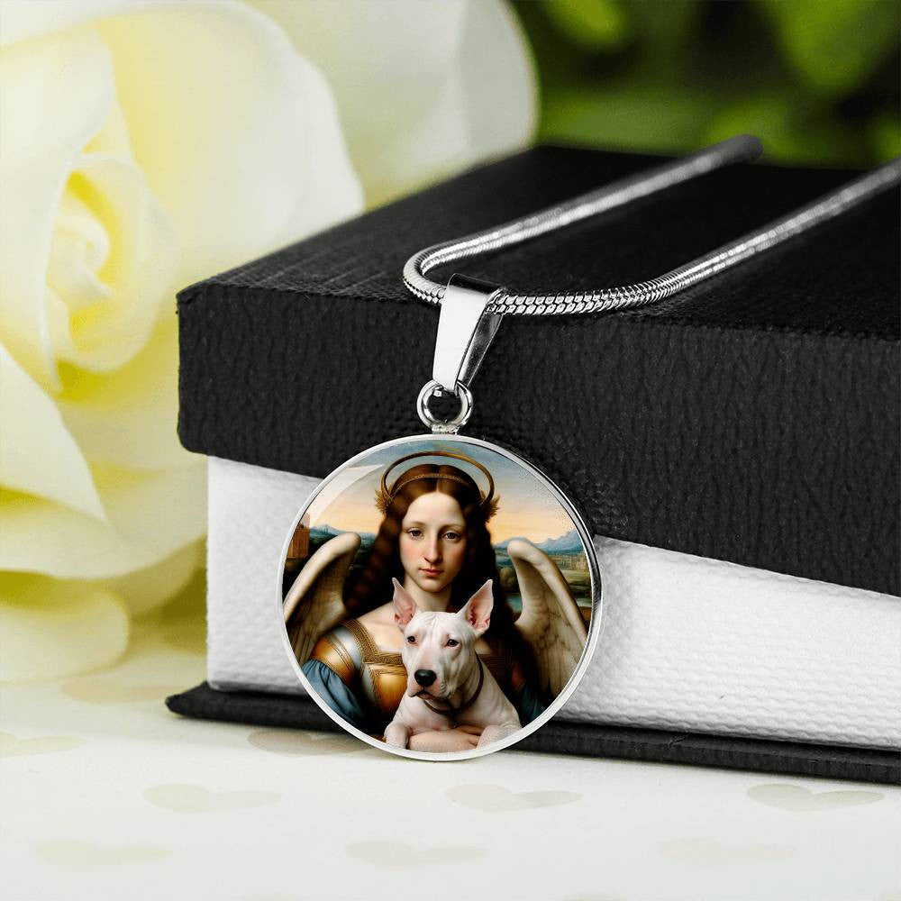 Bull Terrier and Angel Necklace, Renaissance Dog Pendant with Engraving Option, Custom Dog Memorial Jewelry