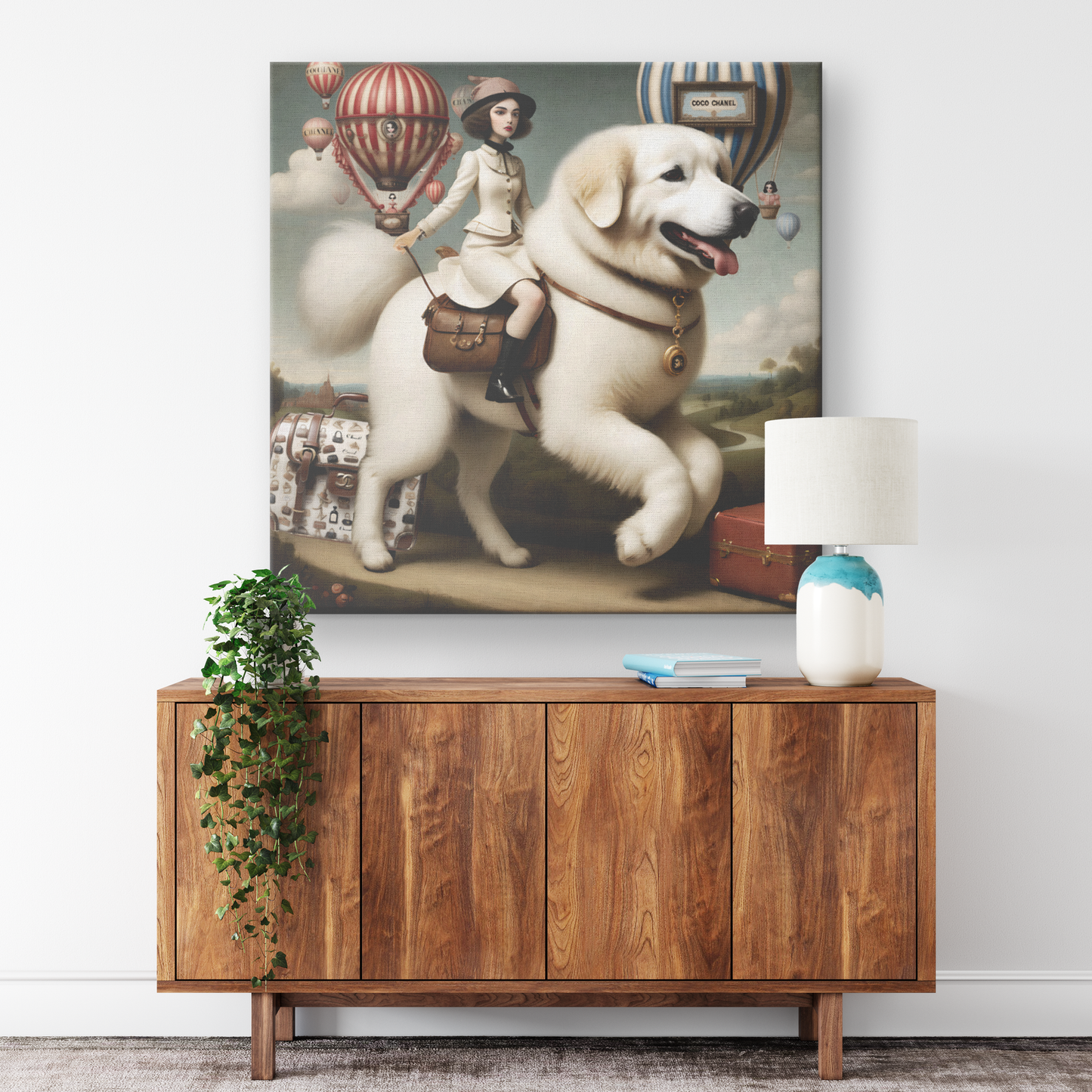 Coco Chanel's girl rides a Great Pyrenees, Great Pyrenees Art, Mark Ryden Style Print, Pop Surrealist Art, Lowbrow Dog Mom & Dad gifts