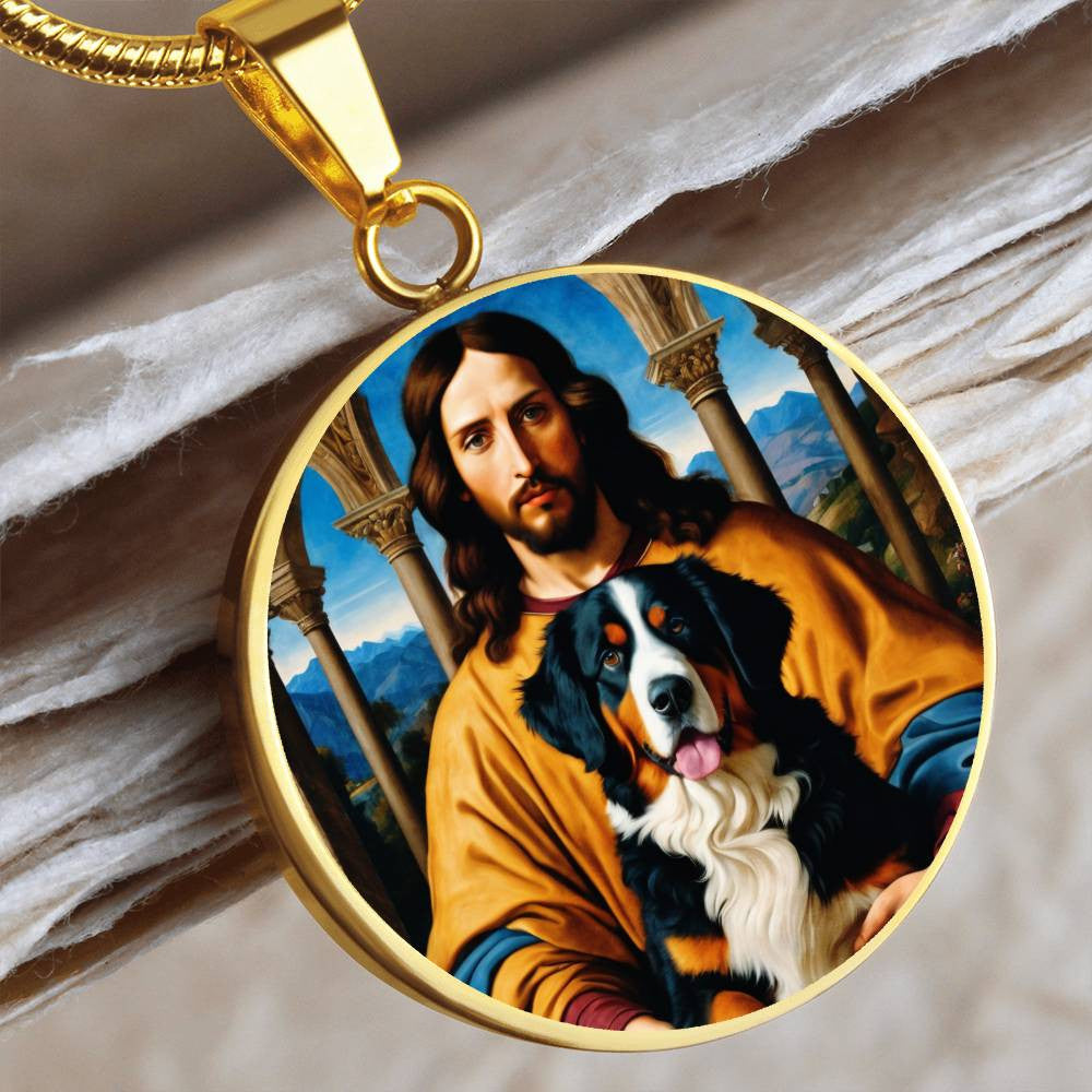 Bernese Mountain Dog Gifts, Berner Dog and Jesus Christ Necklace, Engrave Option, Renaissance Memorial Dog Pendant