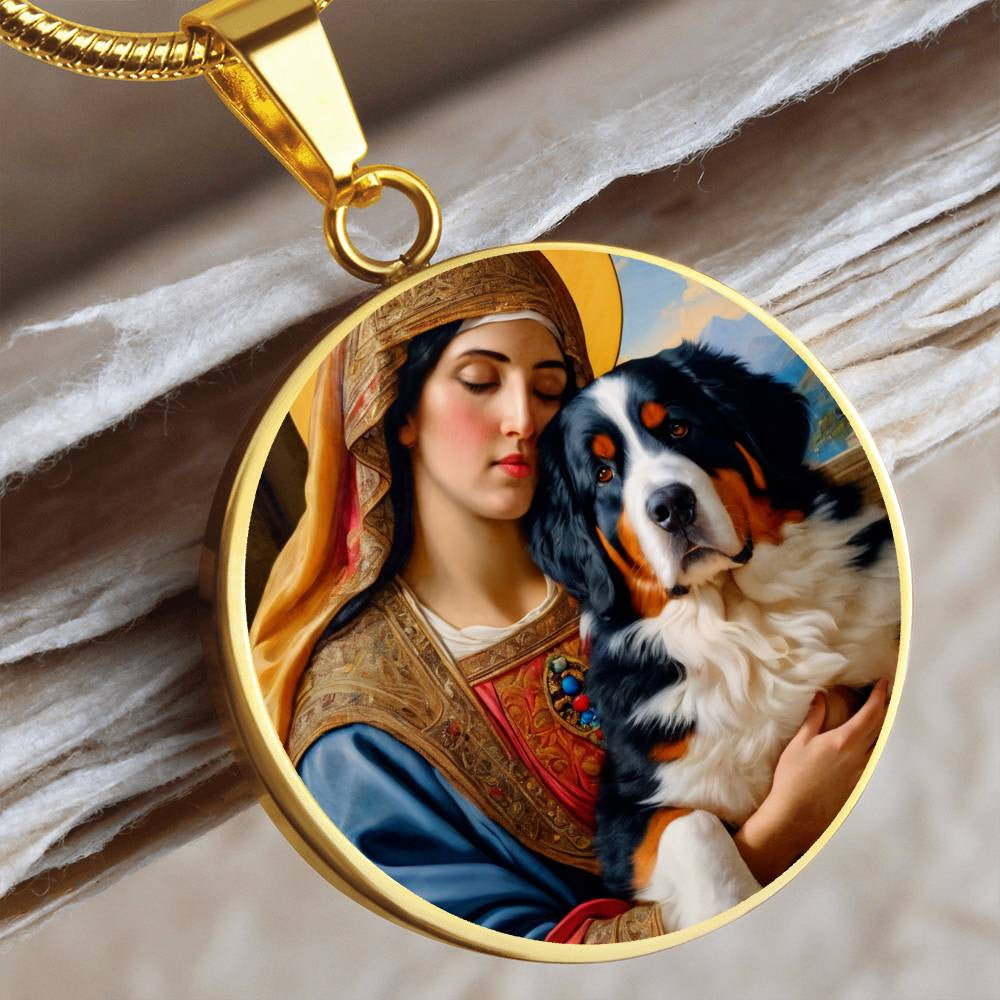 Bernese Mountain Dog Gifts, Berner Dog and Virgin Mary Necklace, Engrave Option, Renaissance Memorial Dog Pendant