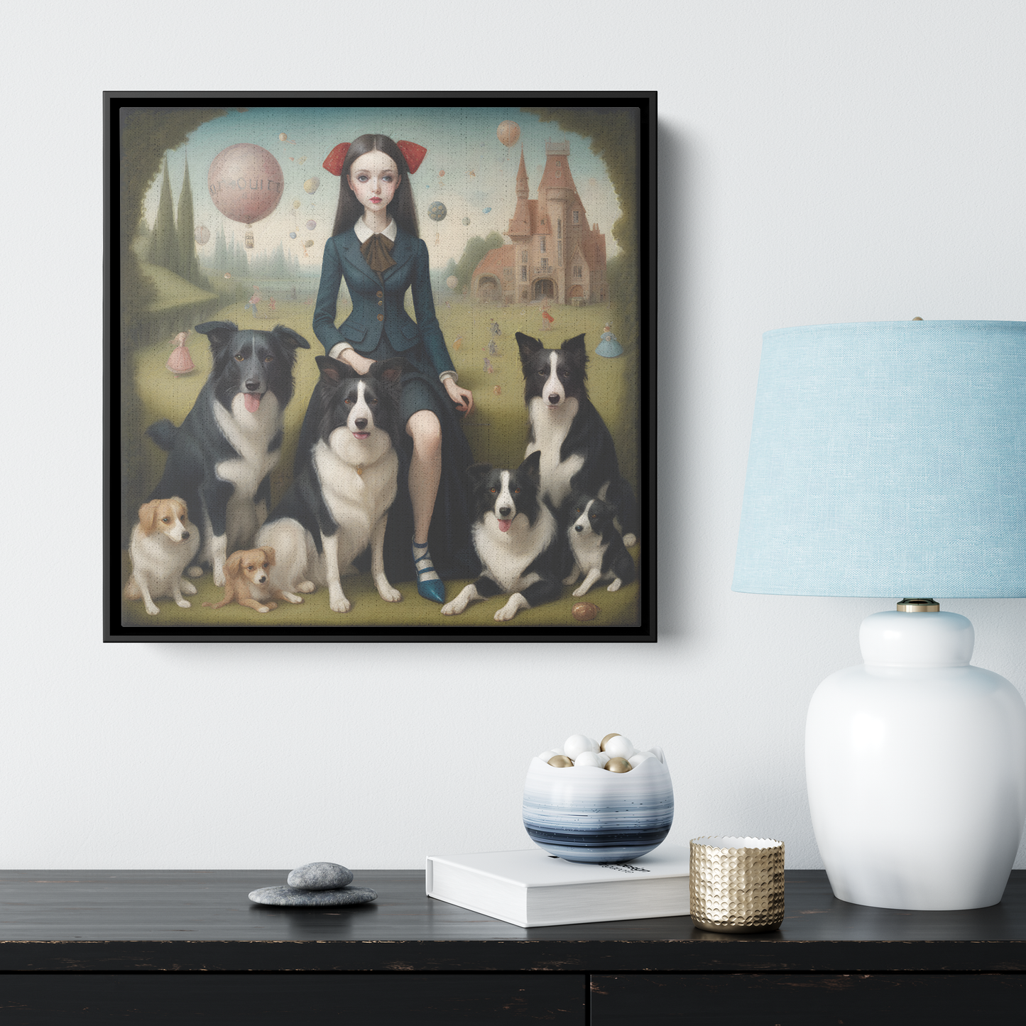 Border Collie Addicted FRAMED CANVAS Pop Surrealist Art, Lowbrow Dog, Dog mom gifts, Border Collie Print, Dog Modern Art, dog dad gifts, Mark Ryden Style Print, Ready to hang