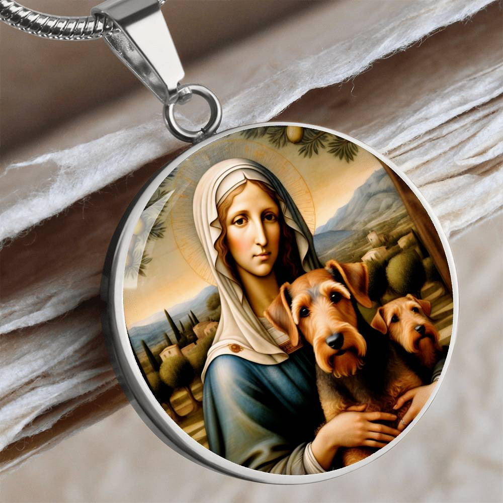 Airedale Terrier and Virgin Mary Necklace, Airedale Angel Pendant, Engrave Option, Custom Renaissance Dog, Personalized Memorial Jewelry