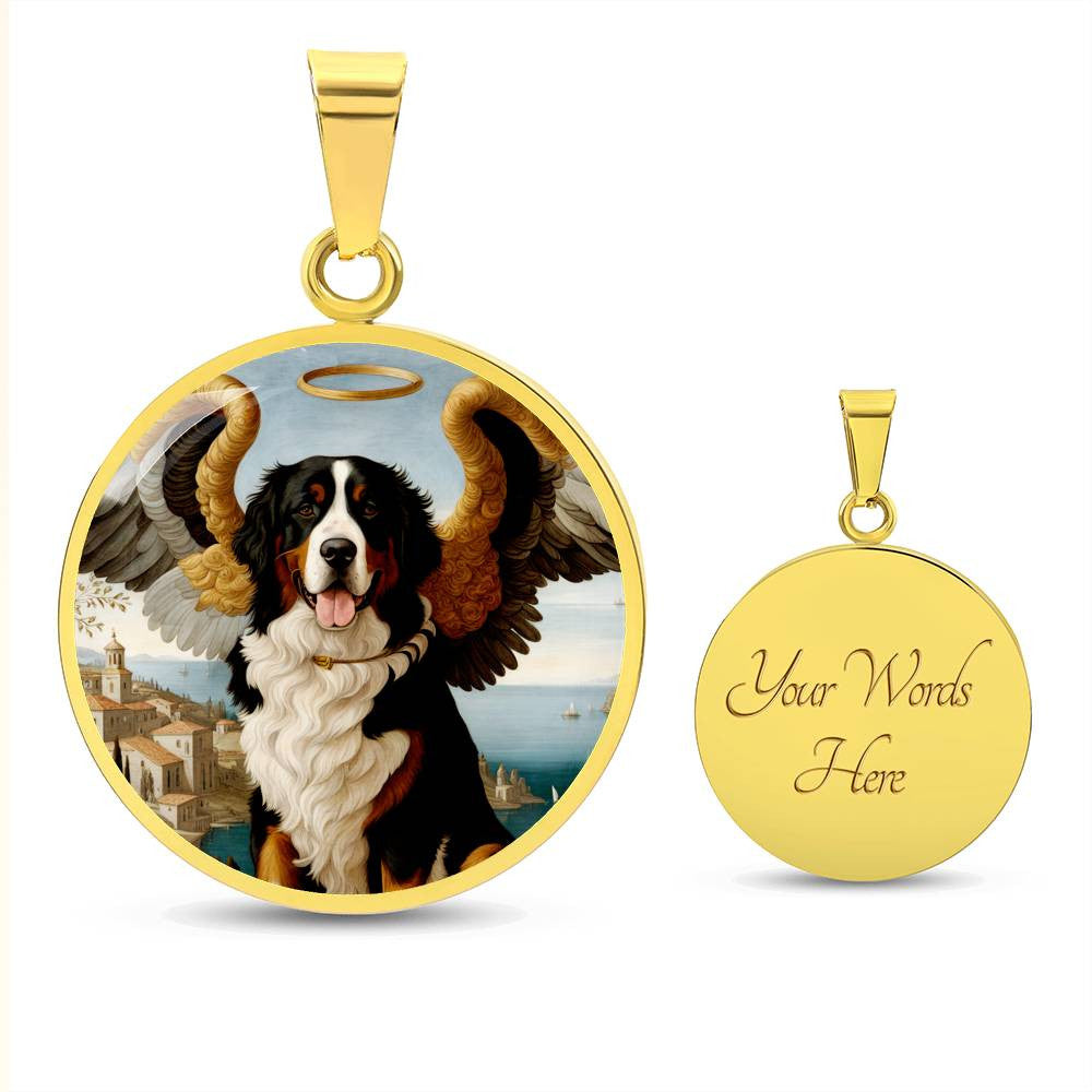 Berner Dog Gifts, Bernese Mountain Dog Angel Necklace, Personalized with Your Dog, Engrave Option, Renaissance Memorial Pendant