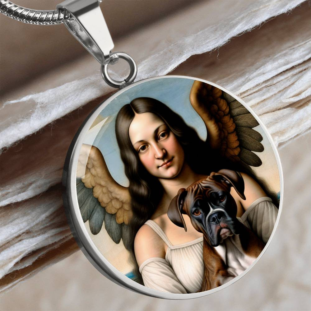 Brindle Boxer Dog and Angel Pendant, Boxer Dog Necklace, Personalized with Engrave Option, Custom Renaissance Dog Memorial Jewelry