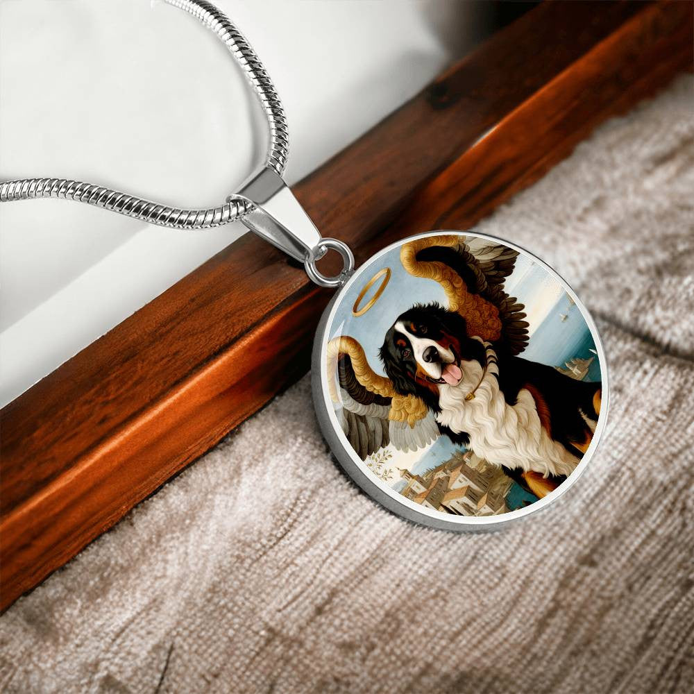 Berner Dog Gifts, Bernese Mountain Dog Angel Necklace, Personalized with Your Dog, Engrave Option, Renaissance Memorial Pendant