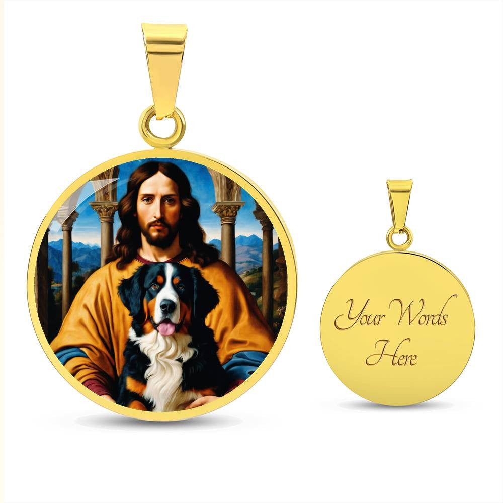 Bernese Mountain Dog Gifts, Berner Dog and Jesus Christ Necklace, Engrave Option, Renaissance Memorial Dog Pendant