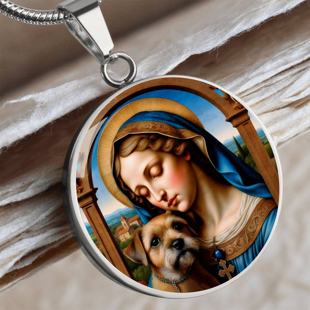 Border Terrier and Virgin Mary Necklace, Renaissance Dog Pendant with Engraving Option, Custom Dog Memorial Jewelry