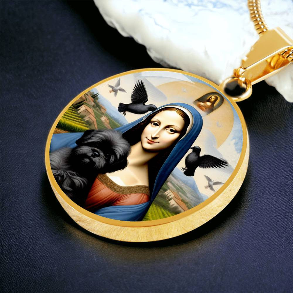 Affenpinscher and Virgin Mary Necklace, Renaissance Monkey Dog Pendant with Engraving Option, Christmas Dog Gifts, Custom Dog Jewelry