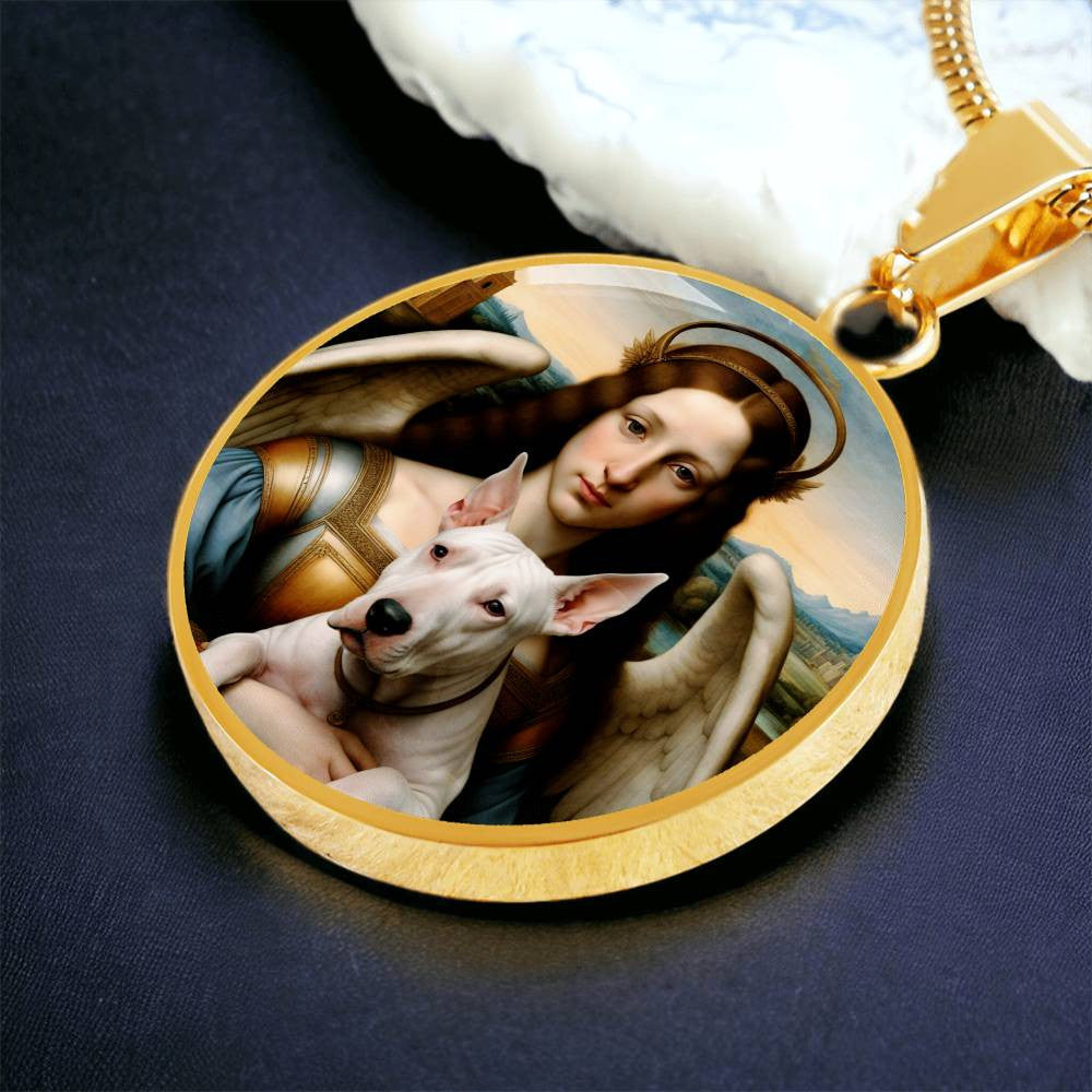 Bull Terrier and Angel Necklace, Renaissance Dog Pendant with Engraving Option, Custom Dog Memorial Jewelry