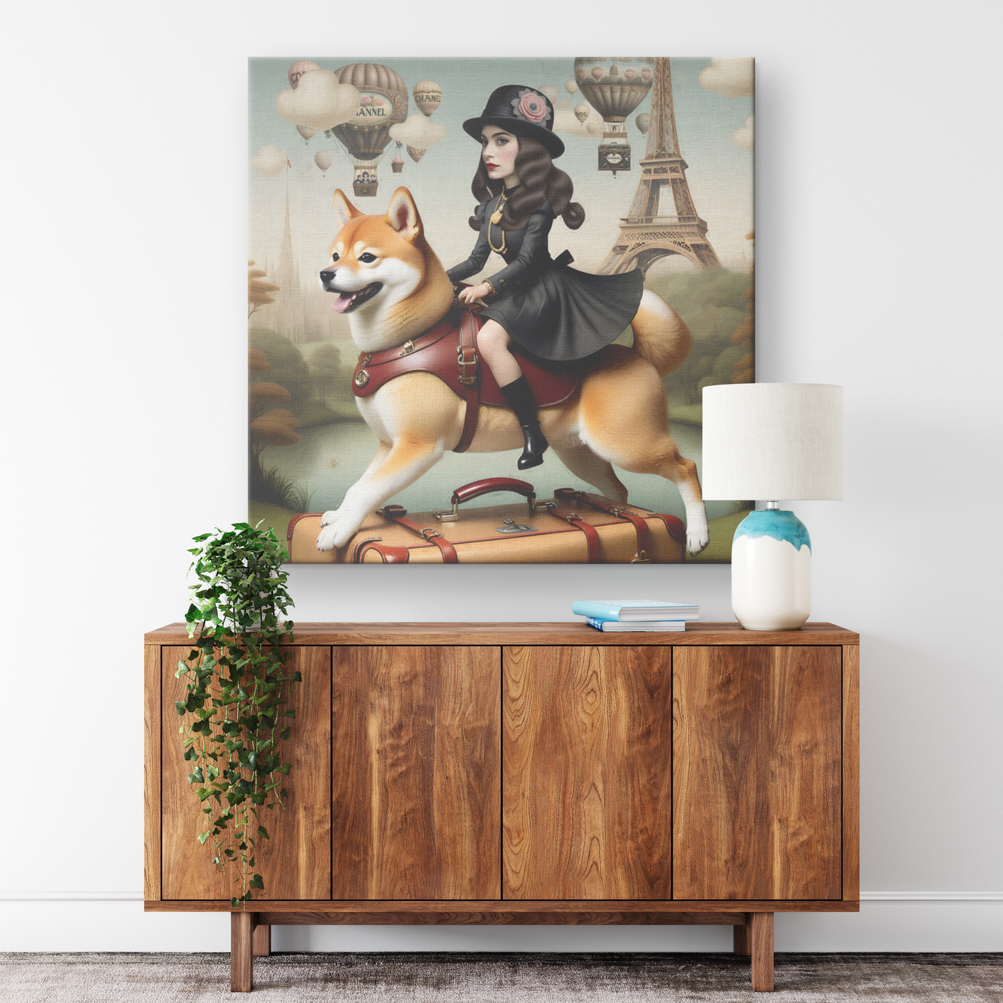 Red Shiba Inu Art, Coco Chanel's girl rides a Shiba Inu, Mark Ryden Style Print, Pop Surrealist Art, Lowbrow Dog Mom & Dad gifts