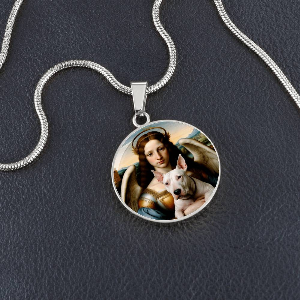 Bull Terrier and Angel Necklace, Renaissance Dog Pendant with Engraving Option, Custom Dog Memorial Jewelry