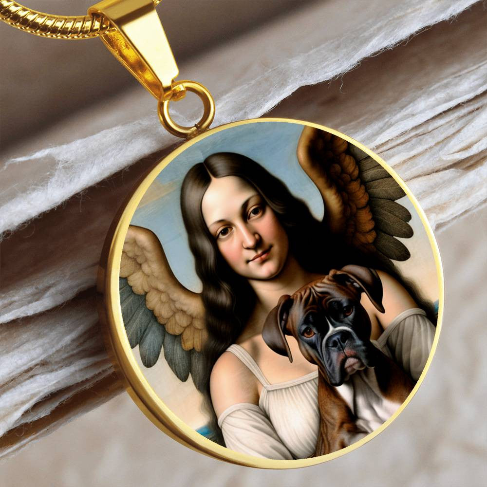 Brindle Boxer Dog and Angel Pendant, Boxer Dog Necklace, Personalized with Engrave Option, Custom Renaissance Dog Memorial Jewelry