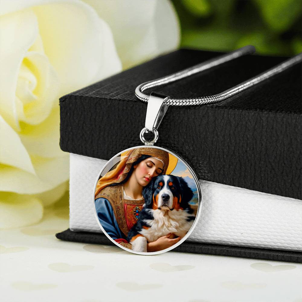 Bernese Mountain Dog Gifts, Berner Dog and Virgin Mary Necklace, Engrave Option, Renaissance Memorial Dog Pendant