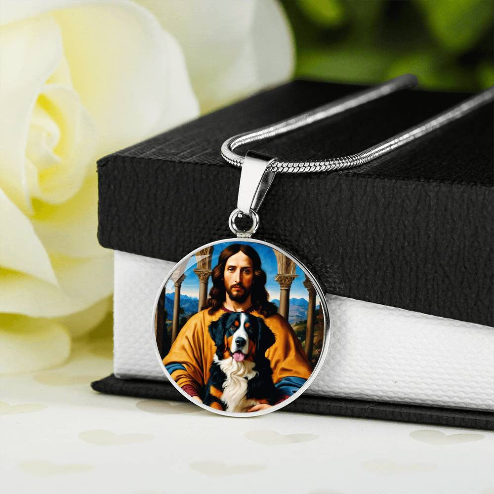 Bernese Mountain Dog Gifts, Berner Dog and Jesus Christ Necklace, Engrave Option, Renaissance Memorial Dog Pendant