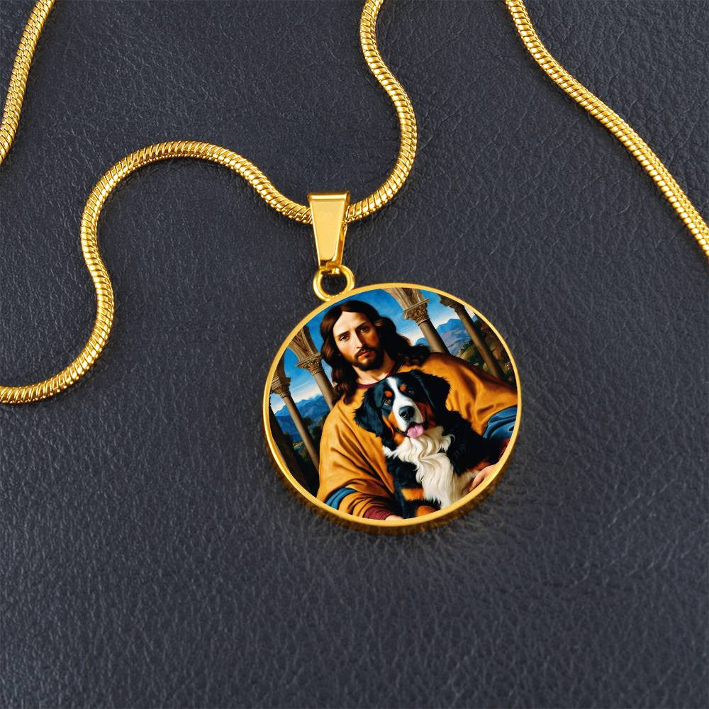 Bernese Mountain Dog Gifts, Berner Dog and Jesus Christ Necklace, Engrave Option, Renaissance Memorial Dog Pendant