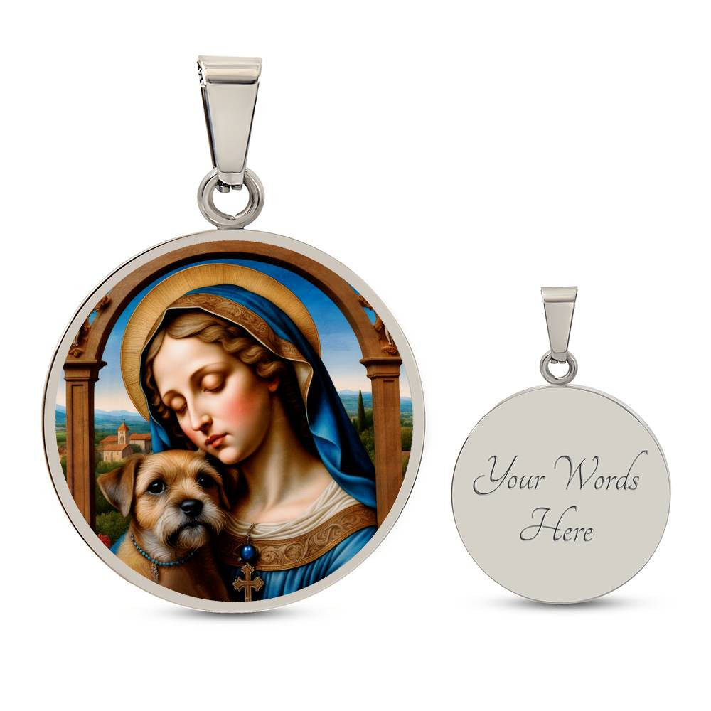 Border Terrier and Virgin Mary Necklace, Renaissance Dog Pendant with Engraving Option, Custom Dog Memorial Jewelry