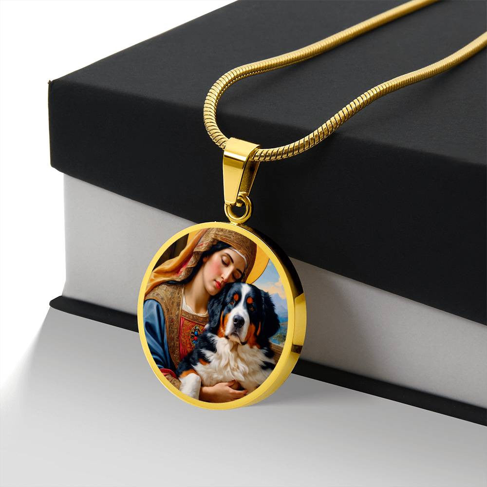 Bernese Mountain Dog Gifts, Berner Dog and Virgin Mary Necklace, Engrave Option, Renaissance Memorial Dog Pendant