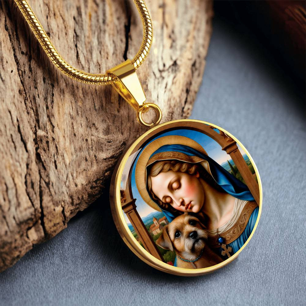 Border Terrier and Virgin Mary Necklace, Renaissance Dog Pendant with Engraving Option, Custom Dog Memorial Jewelry