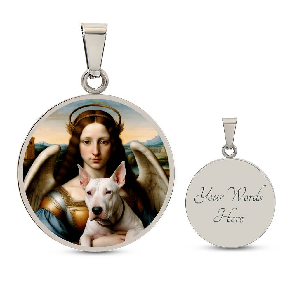 Bull Terrier and Angel Necklace, Renaissance Dog Pendant with Engraving Option, Custom Dog Memorial Jewelry