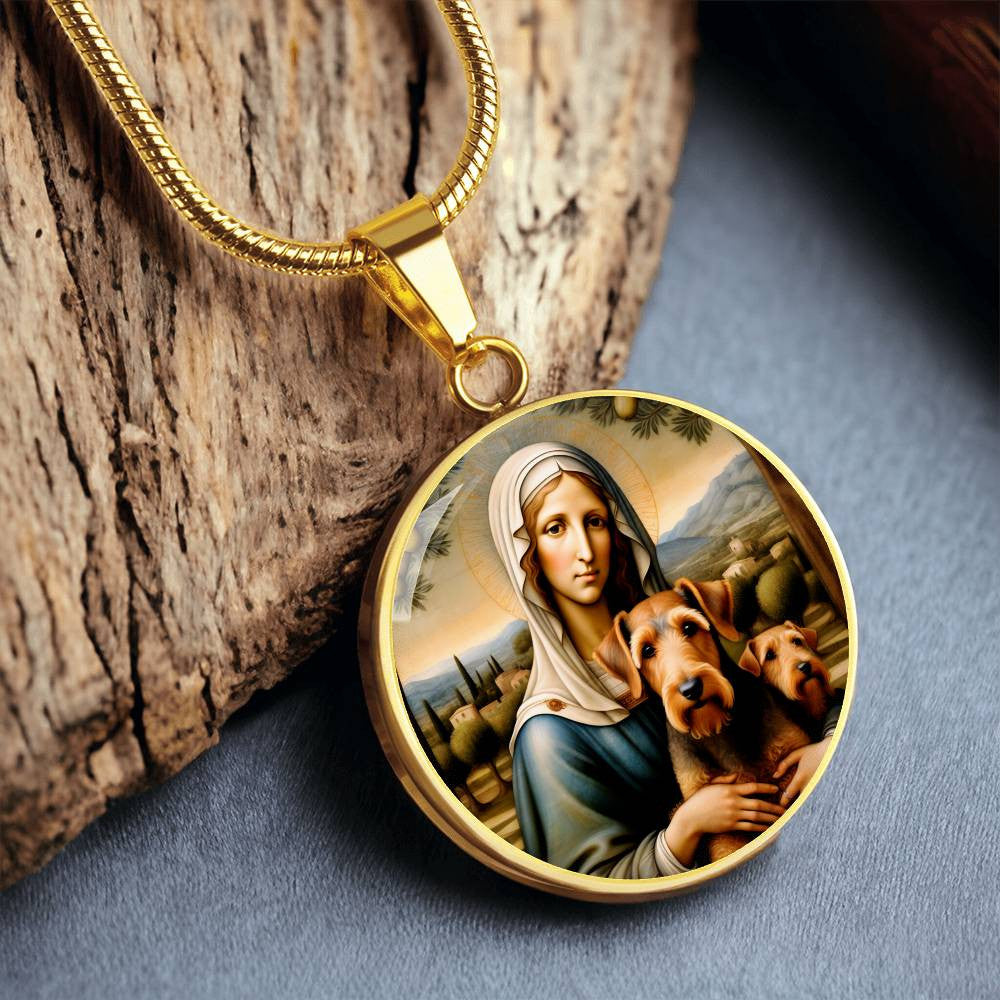 Airedale Terrier and Virgin Mary Necklace, Airedale Angel Pendant, Engrave Option, Custom Renaissance Dog, Personalized Memorial Jewelry