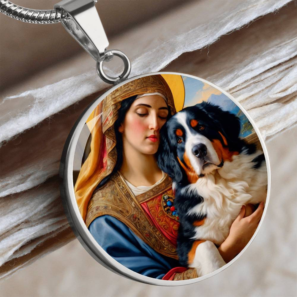 Bernese Mountain Dog Gifts, Berner Dog and Virgin Mary Necklace, Engrave Option, Renaissance Memorial Dog Pendant