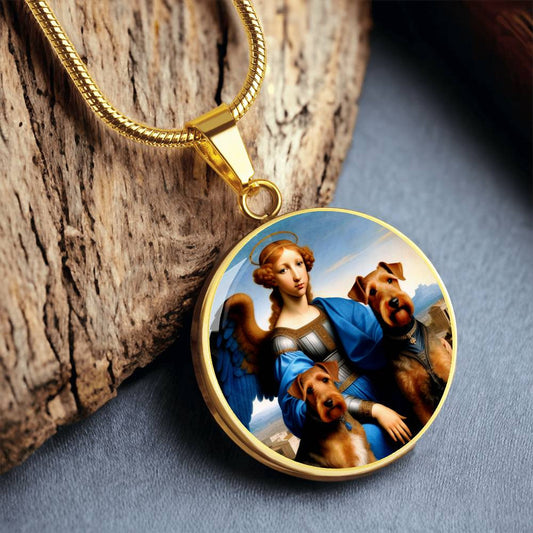 Airedale Terrier and Angel Dog Necklace, Airedale Angel Pendant, Engrave Option, Custom Renaissance Dog, Personalized Memorial Jewelry