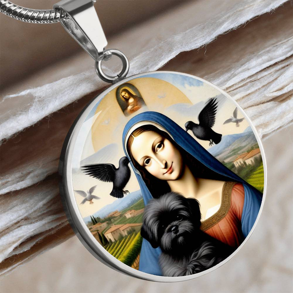 Affenpinscher and Virgin Mary Necklace, Renaissance Monkey Dog Pendant with Engraving Option, Christmas Dog Gifts, Custom Dog Jewelry