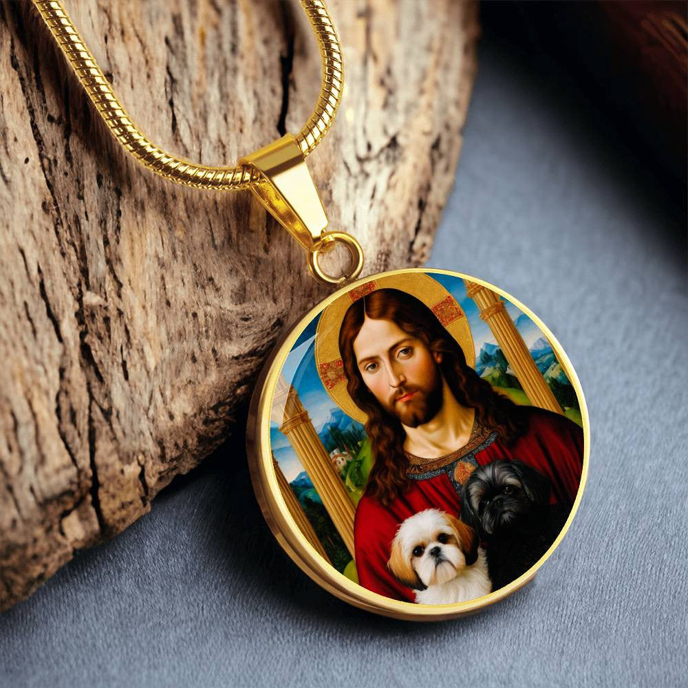 Shih Tzu And Jesus Christ Pendant, Shih Tzu Dog Necklace, Personalized with Engrave Option, Custom Renaissance Dog, Personalized Memorial Jewelry