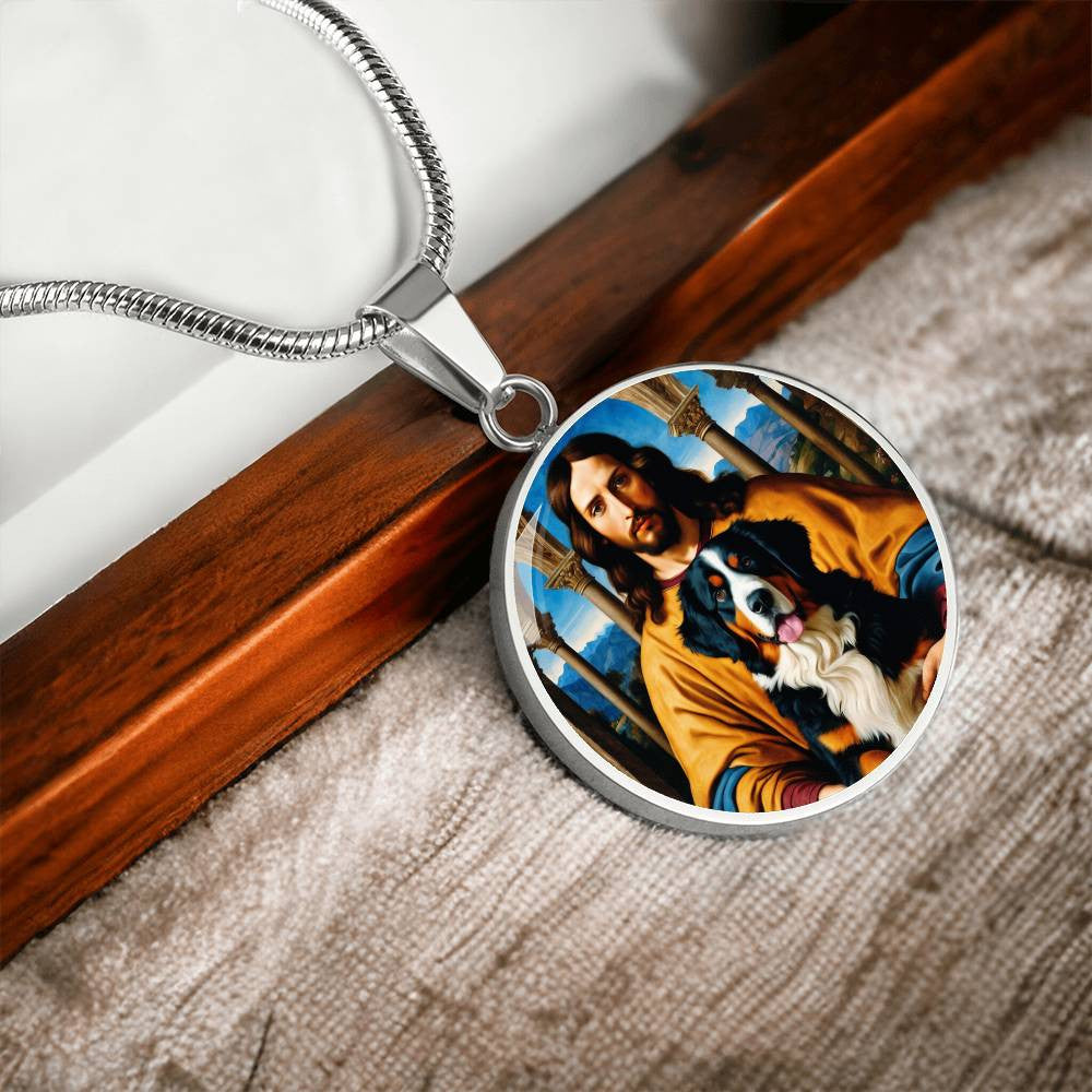 Bernese Mountain Dog Gifts, Berner Dog and Jesus Christ Necklace, Engrave Option, Renaissance Memorial Dog Pendant