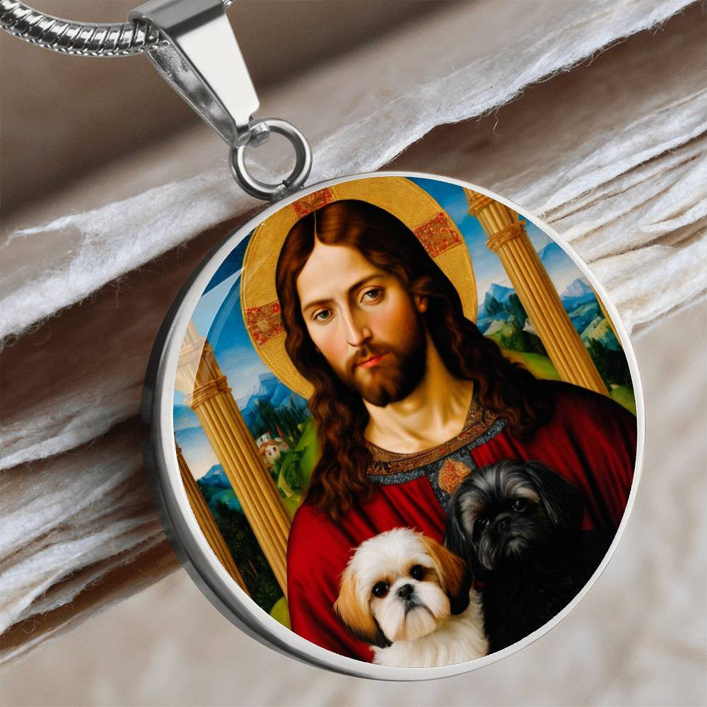 Shih Tzu And Jesus Christ Pendant, Shih Tzu Dog Necklace, Personalized with Engrave Option, Custom Renaissance Dog, Personalized Memorial Jewelry