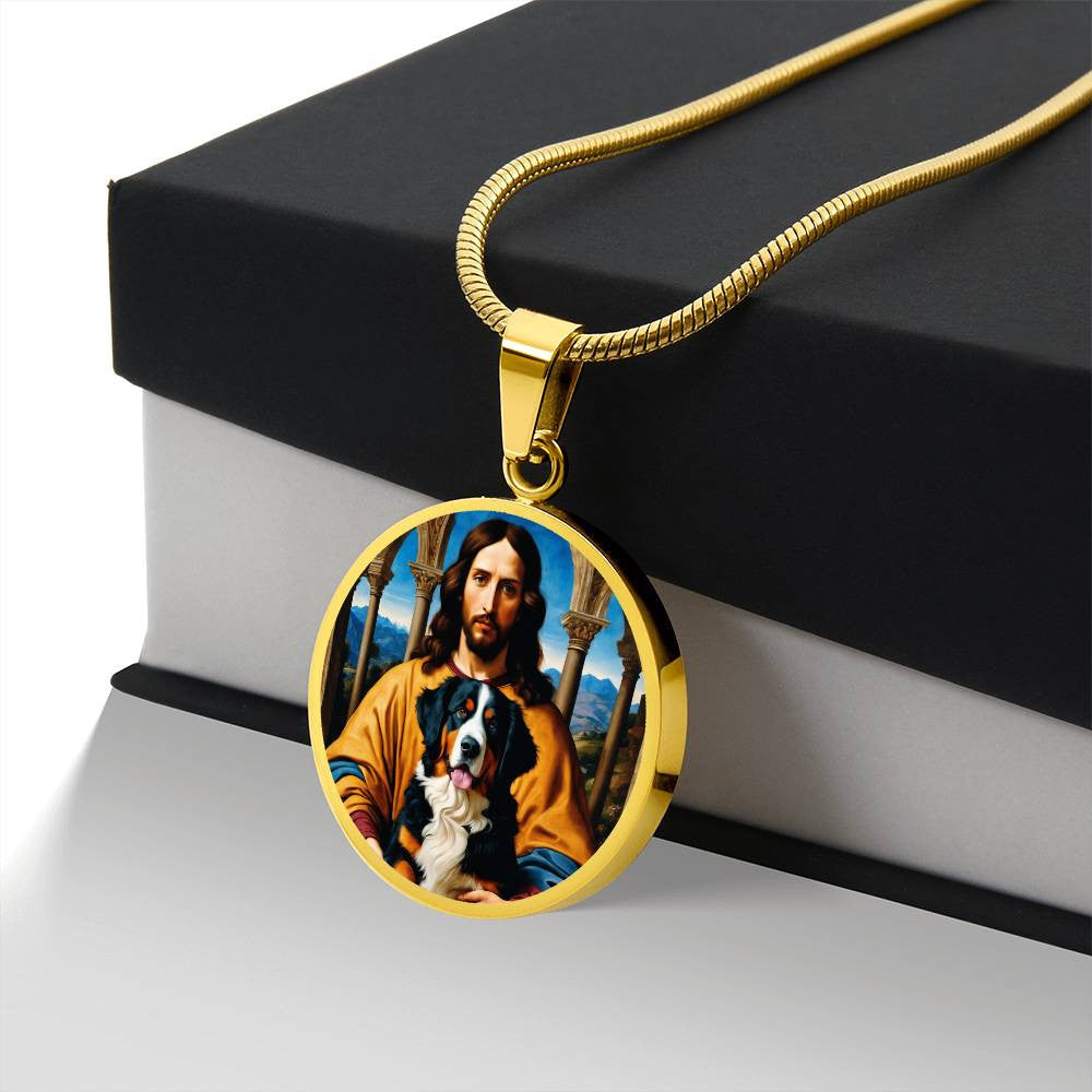 Bernese Mountain Dog Gifts, Berner Dog and Jesus Christ Necklace, Engrave Option, Renaissance Memorial Dog Pendant