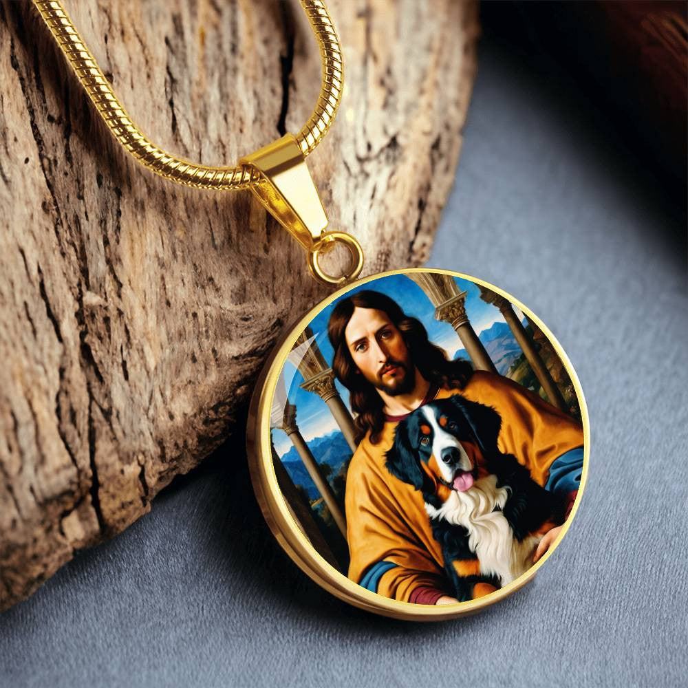 Bernese Mountain Dog Gifts, Berner Dog and Jesus Christ Necklace, Engrave Option, Renaissance Memorial Dog Pendant