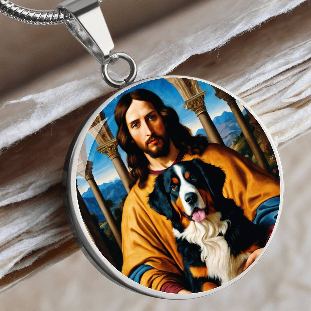 Bernese Mountain Dog Gifts, Berner Dog and Jesus Christ Necklace, Engrave Option, Renaissance Memorial Dog Pendant