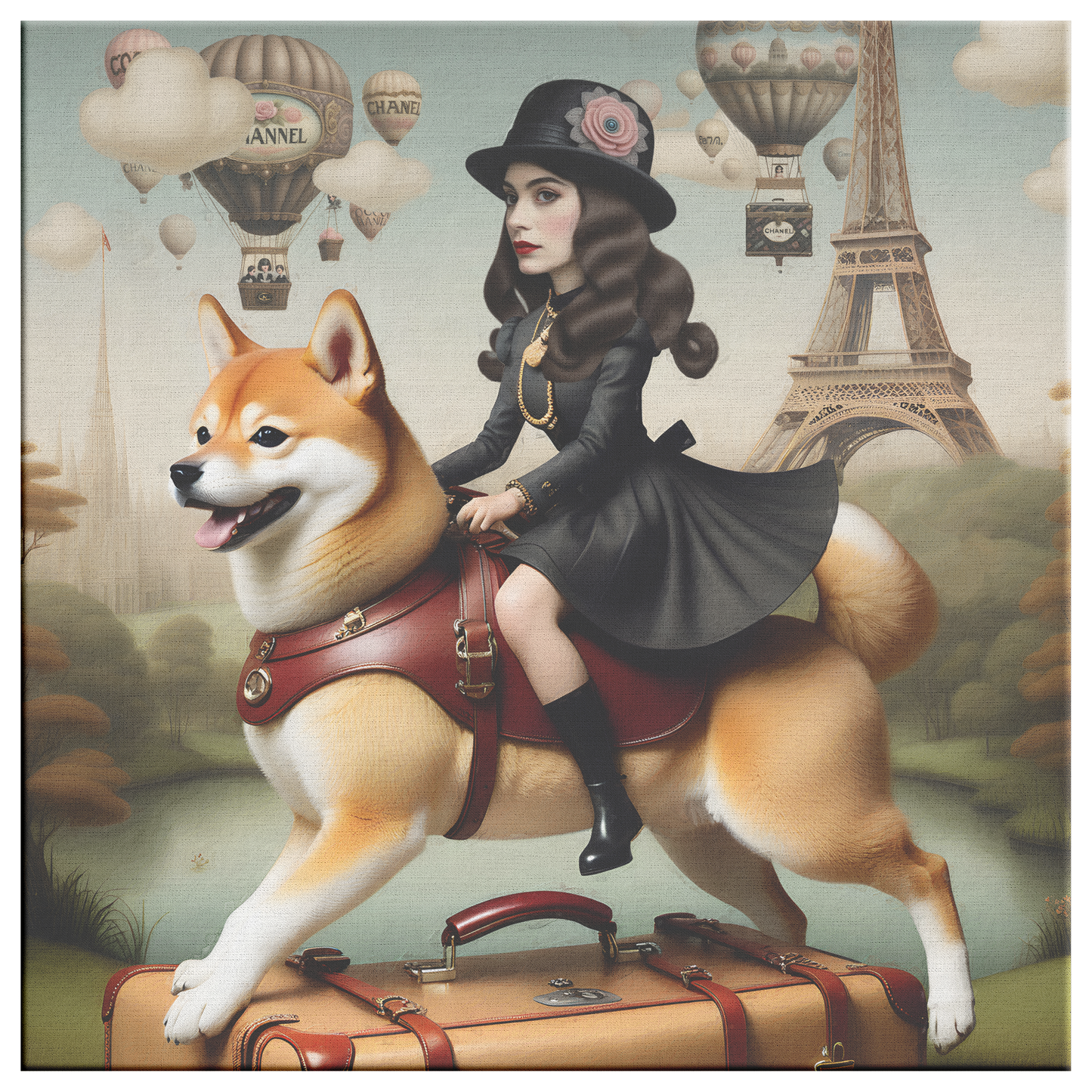 Red Shiba Inu Art, Coco Chanel's girl rides a Shiba Inu, Mark Ryden Style Print, Pop Surrealist Art, Lowbrow Dog Mom & Dad gifts