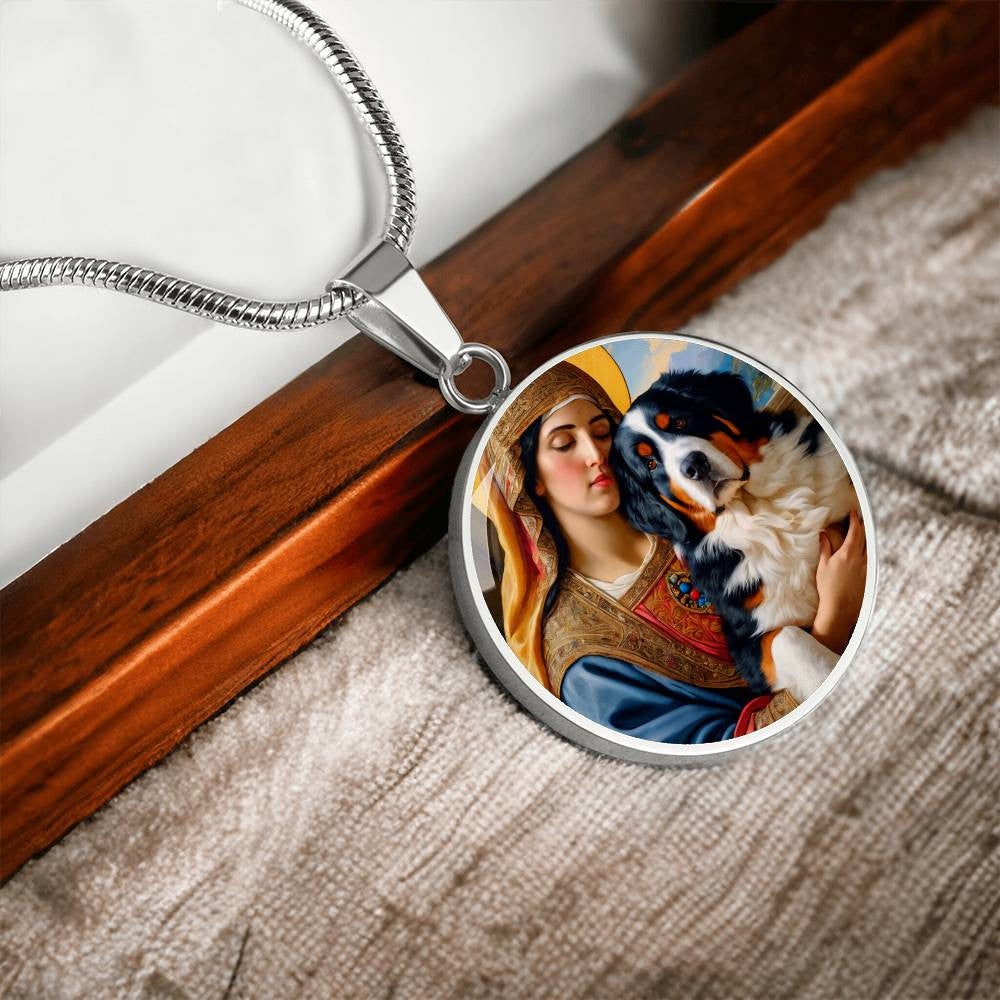 Bernese Mountain Dog Gifts, Berner Dog and Virgin Mary Necklace, Engrave Option, Renaissance Memorial Dog Pendant