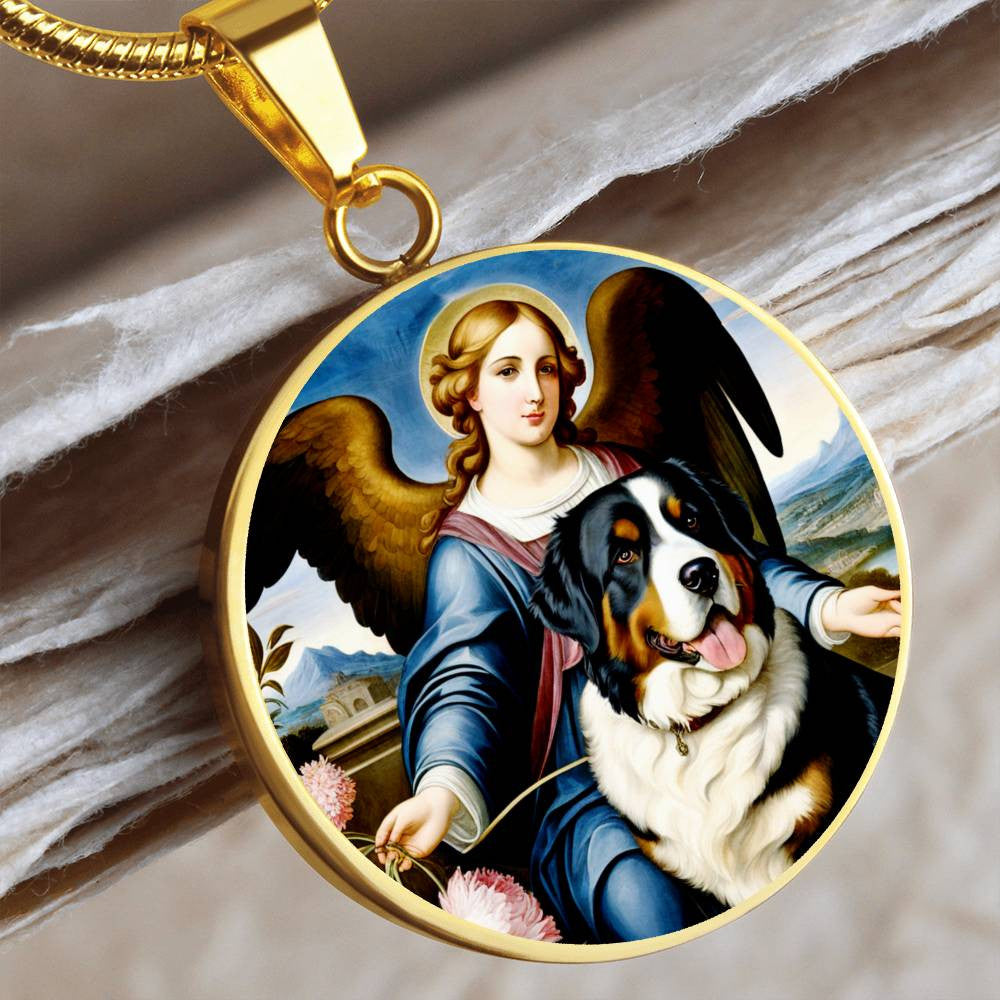 Bernese Mountain Dog Gifts, Berner Dog and Angel Necklace, Engrave Option, Renaissance Memorial Dog Pendant