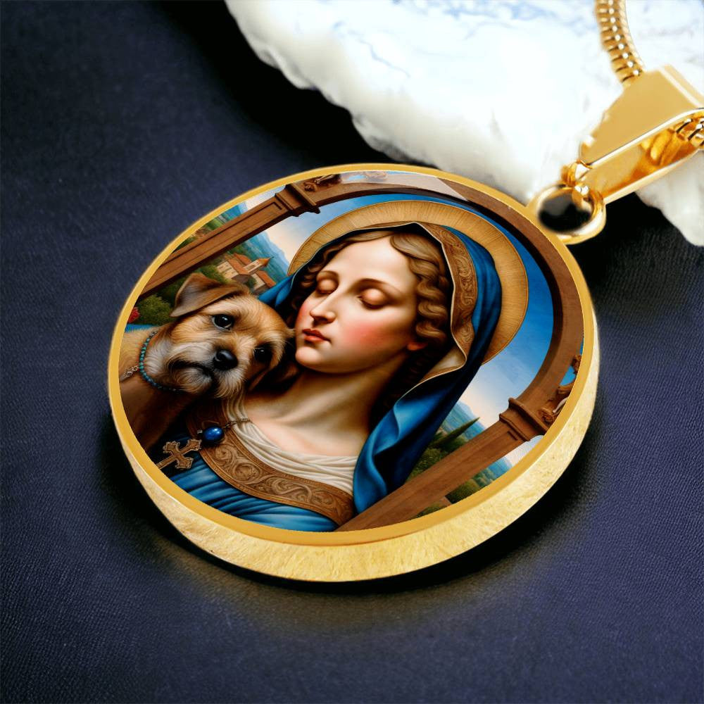 Border Terrier and Virgin Mary Necklace, Renaissance Dog Pendant with Engraving Option, Custom Dog Memorial Jewelry