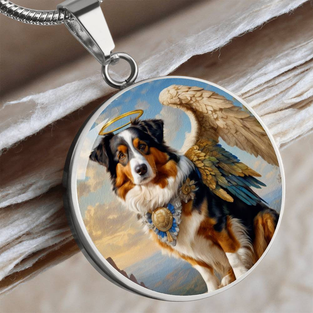 Australian Shepherd Angel Pendant, Tricolor Aussie Dog Necklace, Personalized with Engrave Option, Christmas Dog Gifts, Custom Dog Memorial Jewelry