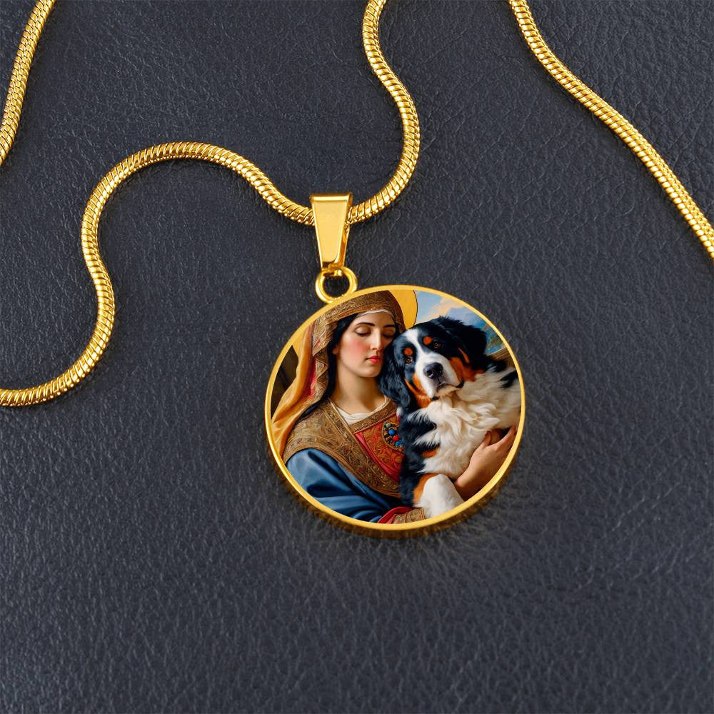 Bernese Mountain Dog Gifts, Berner Dog and Virgin Mary Necklace, Engrave Option, Renaissance Memorial Dog Pendant