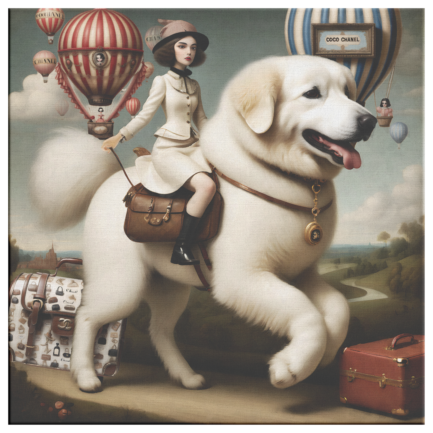 Coco Chanel's girl rides a Great Pyrenees, Great Pyrenees Art, Mark Ryden Style Print, Pop Surrealist Art, Lowbrow Dog Mom & Dad gifts