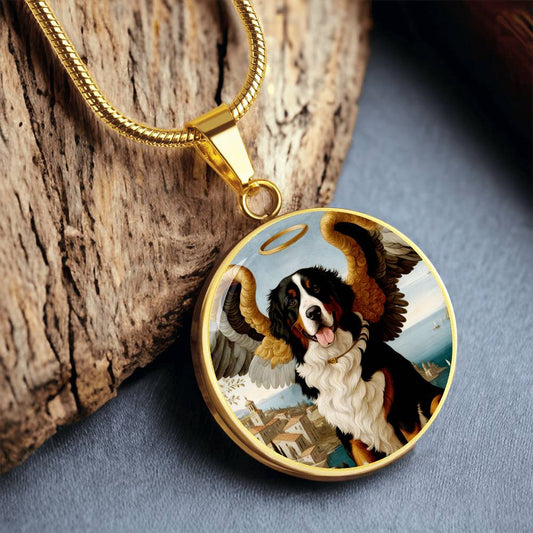 Berner Dog Gifts, Bernese Mountain Dog Angel Necklace, Personalized with Your Dog, Engrave Option, Renaissance Memorial Pendant