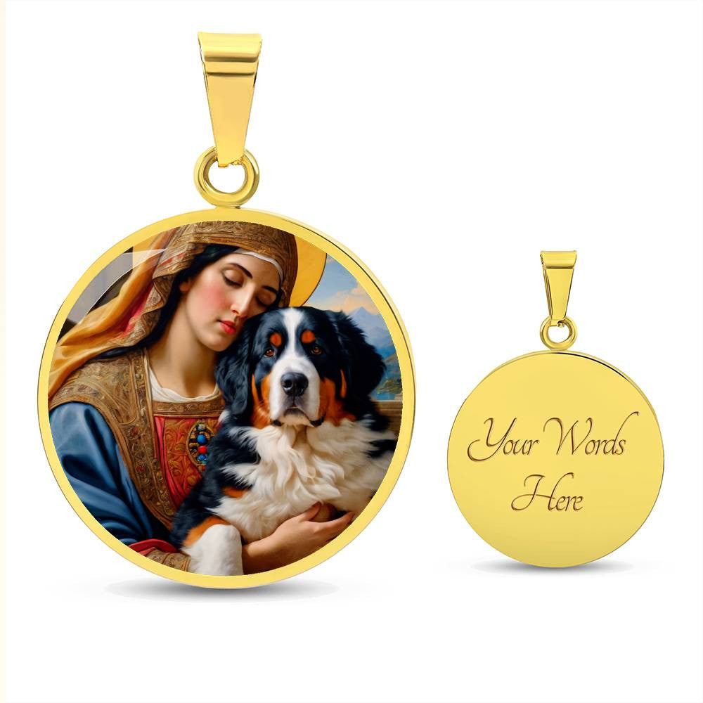 Bernese Mountain Dog Gifts, Berner Dog and Virgin Mary Necklace, Engrave Option, Renaissance Memorial Dog Pendant