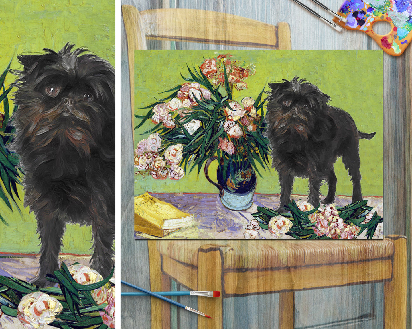 Vase Affenpinscher avec des lauriers roses et des livres Van Gogh par Nobility Dogs